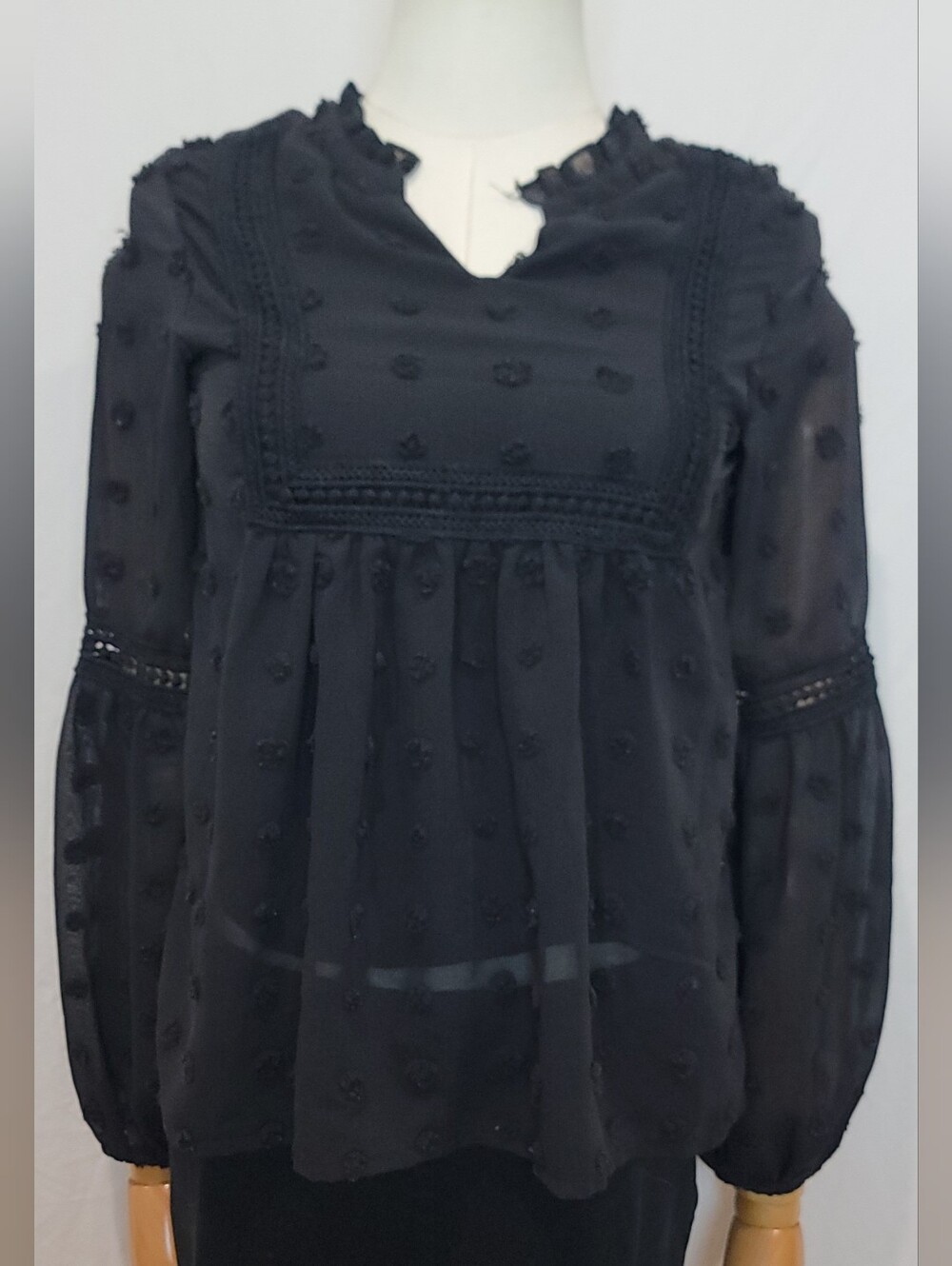 Jrs Black Swiss Dot Babydoll Blouse, Size XL